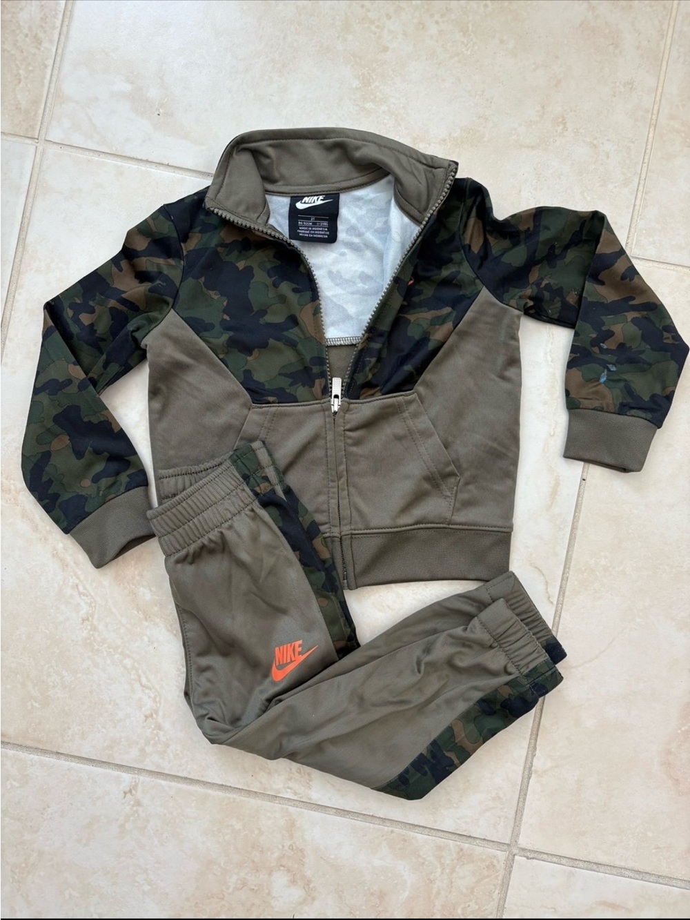 Nike Kids Olive Camo Zip Jacket & Joggers Set with Orange Logo